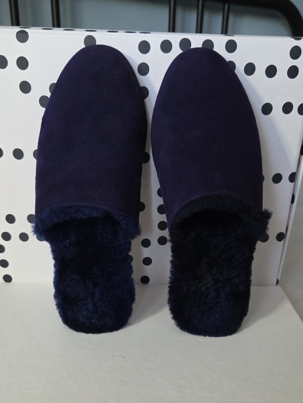 TKEES Navy Suede Ines Shearling Indoor Outdoor Mule Slippers